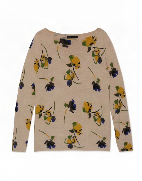 Suéter feminino Marks & Spencer com gola canoa Reino Unido 12 médio bege floral