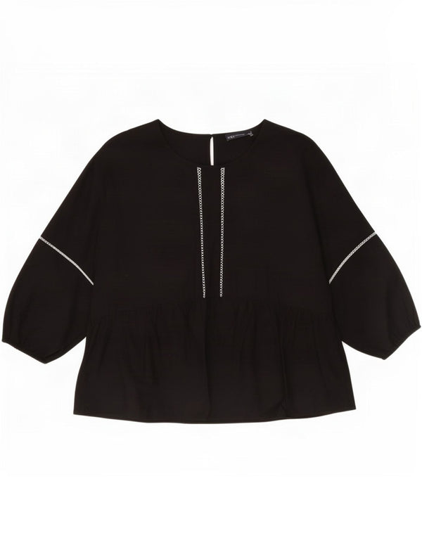 Blusa feminina de manga comprida Marks & Spencer Reino Unido 12 algodão preto médio