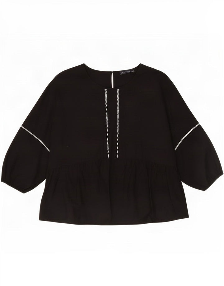 Blusa feminina de manga comprida Marks & Spencer Reino Unido 12 algodão preto médio