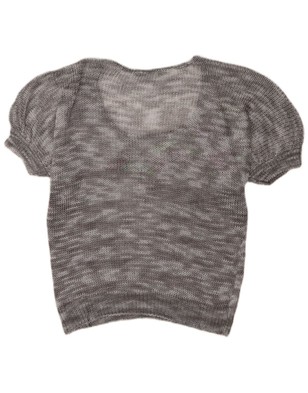 Suéter feminino vintage de manga curta com gola canoa Reino Unido 18 XL cinza floral