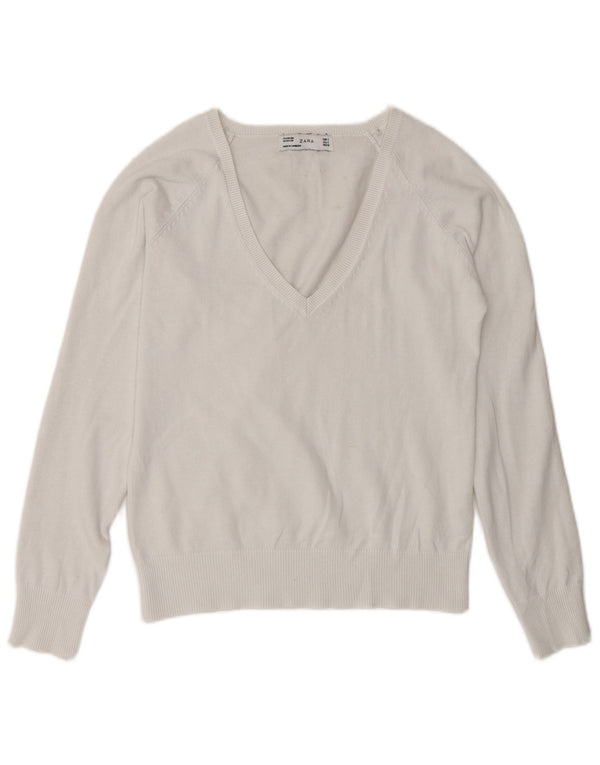 Suéter feminino Zara com decote em V UK 10 pequeno branco