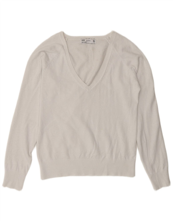 Suéter feminino Zara com decote em V UK 10 pequeno branco