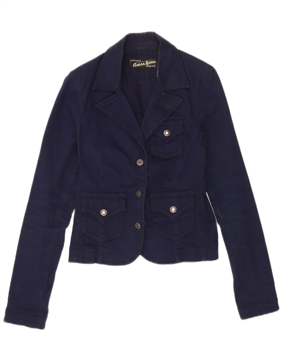 Jaqueta blazer feminina Guess com 3 botões Reino Unido 10 pequeno algodão azul marinho
