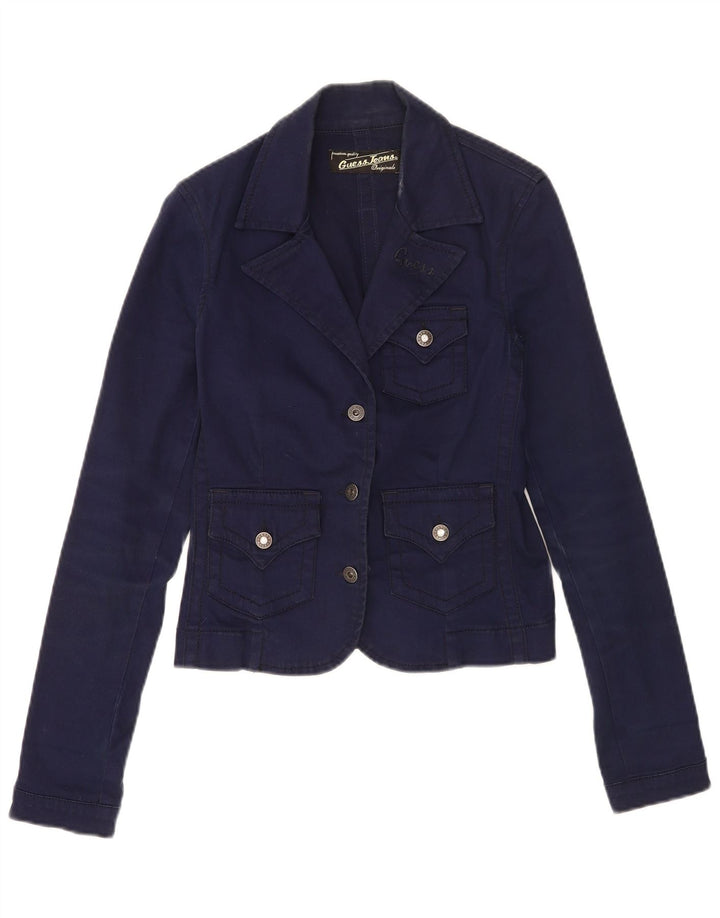 Jaqueta blazer feminina Guess com 3 botões Reino Unido 10 pequeno algodão azul marinho