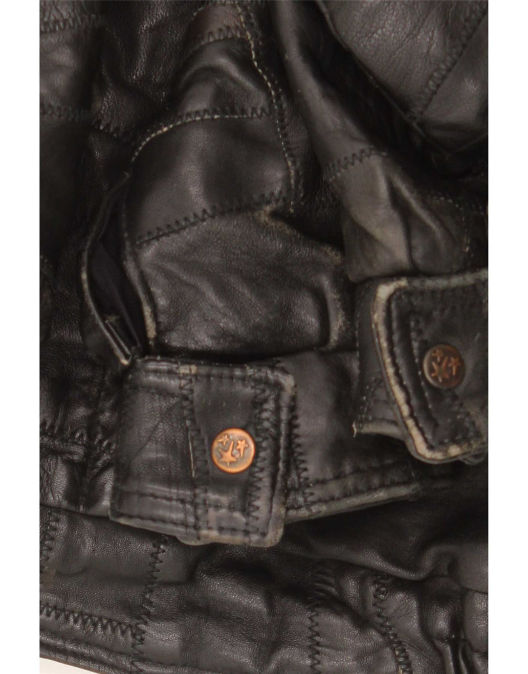 Jaqueta de couro gráfica masculina vintage UK 40 patchwork preto grande