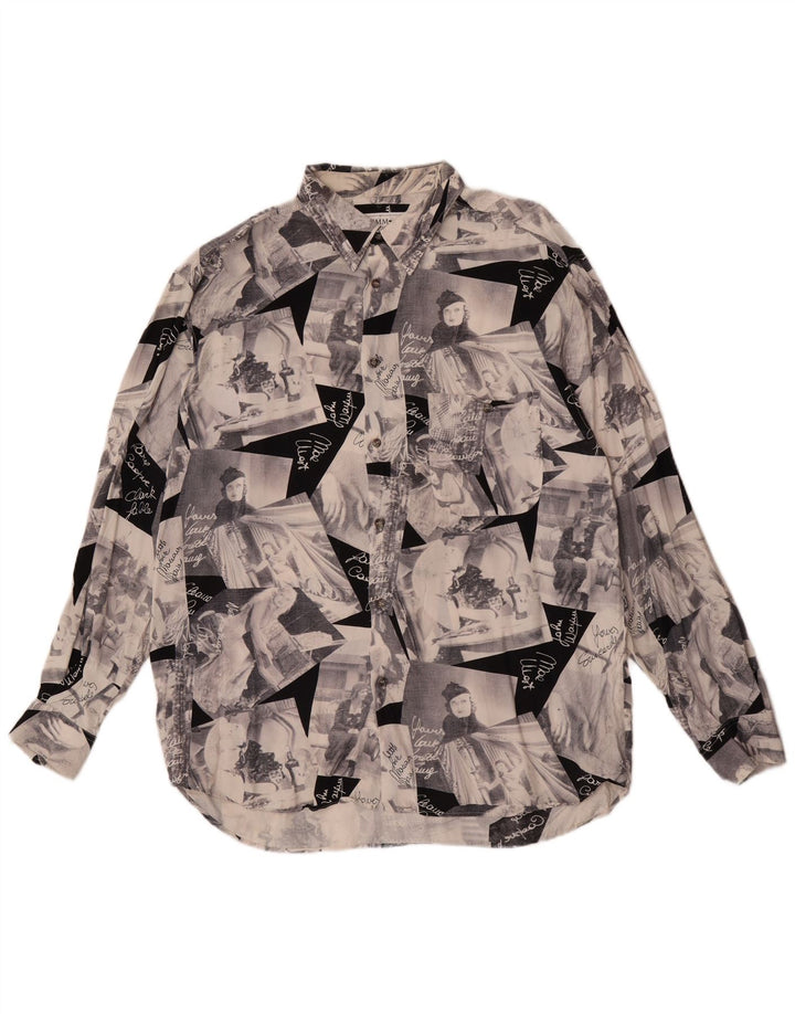 Camisa gráfica masculina vintage XL cinza patchwork