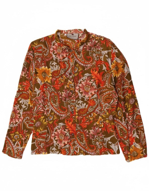 Vintage Womens Graphic Long Sleeve Shirt UK 12 Medium Khaki Floral Retro