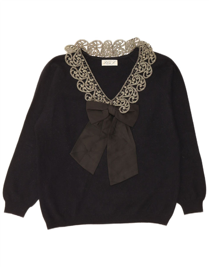 LETIZIA L. Suéter feminino com decote em V Reino Unido 16 grande lã paisley preta