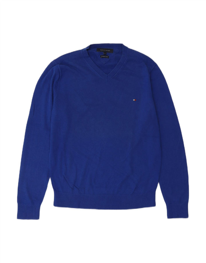 Suéter masculino TOMMY HILFIGER com decote em V de algodão azul médio