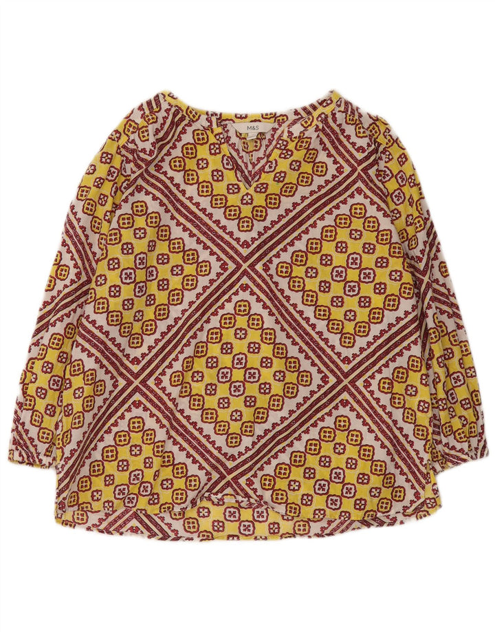 Blusa feminina Marks & Spencer manga 3/4 Reino Unido 12 médio amarelo geométrico