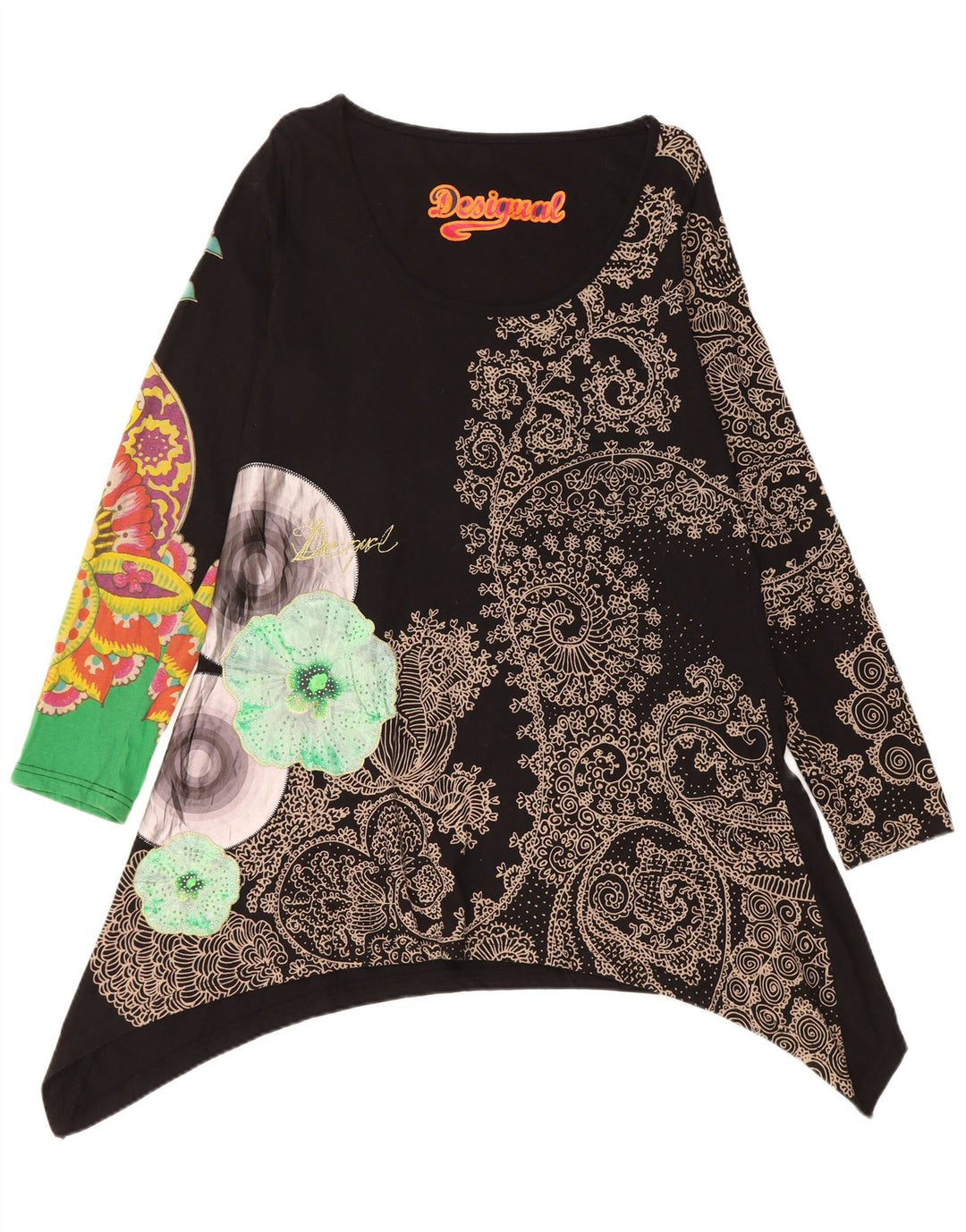 DESIGUAL Vestido feminino gráfico assimétrico Reino Unido 14 médio preto Paisley