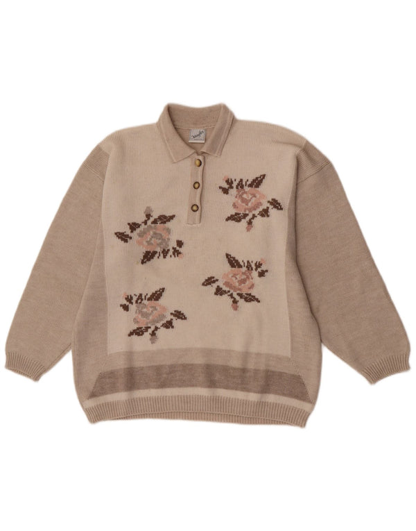 Suéter feminino vintage com gola polo, Reino Unido 18 XL, lã floral cinza