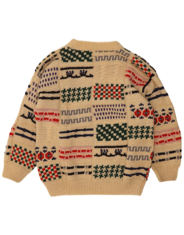 Suéter masculino vintage com gola redonda, lã patchwork bege médio