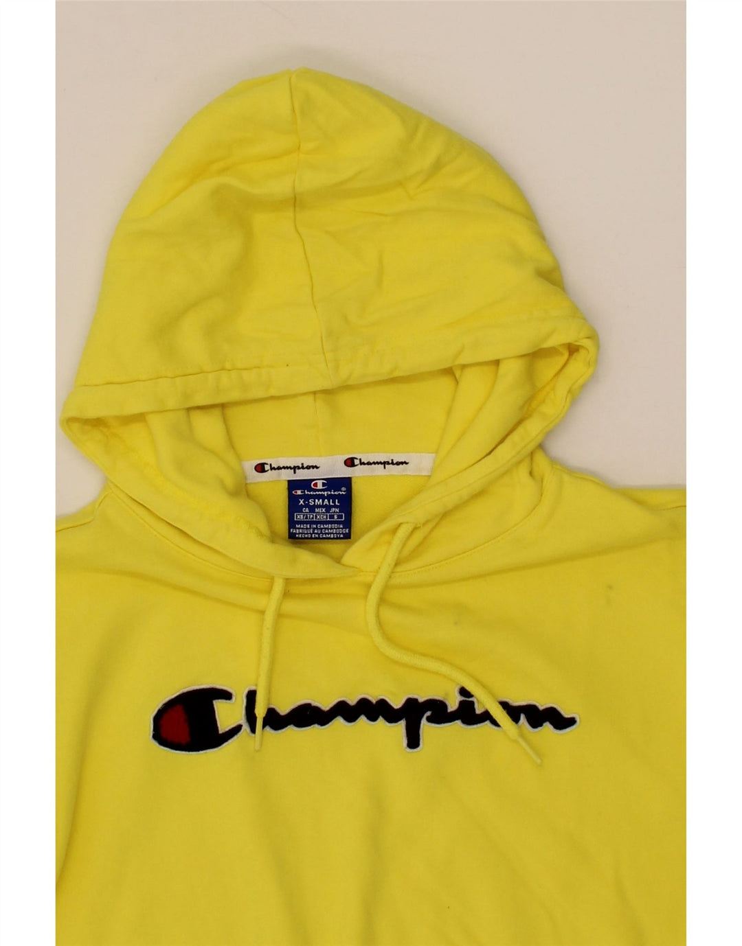 CHAMPION Womens Oversized Crop Graphic Hoodie Jumper UK 6 XS Yellow Vintage Champion and Second-Hand Champion from Messina Hembry 