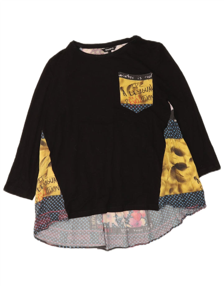 DESIGUAL Top gráfico feminino manga comprida UK 12 patchwork preto médio