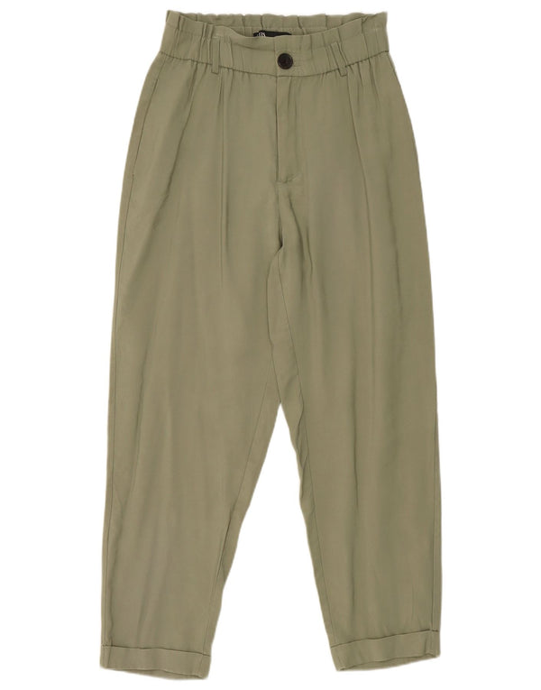Zara Calça feminina cortada com pegged pequena W27 L25 cáqui viscose