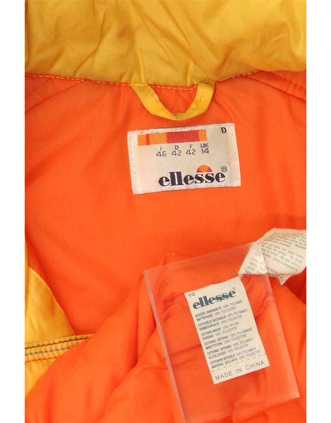 Jaqueta de esqui feminina Ellesse com capuz grande UK 14 grande bloco colorido amarelo