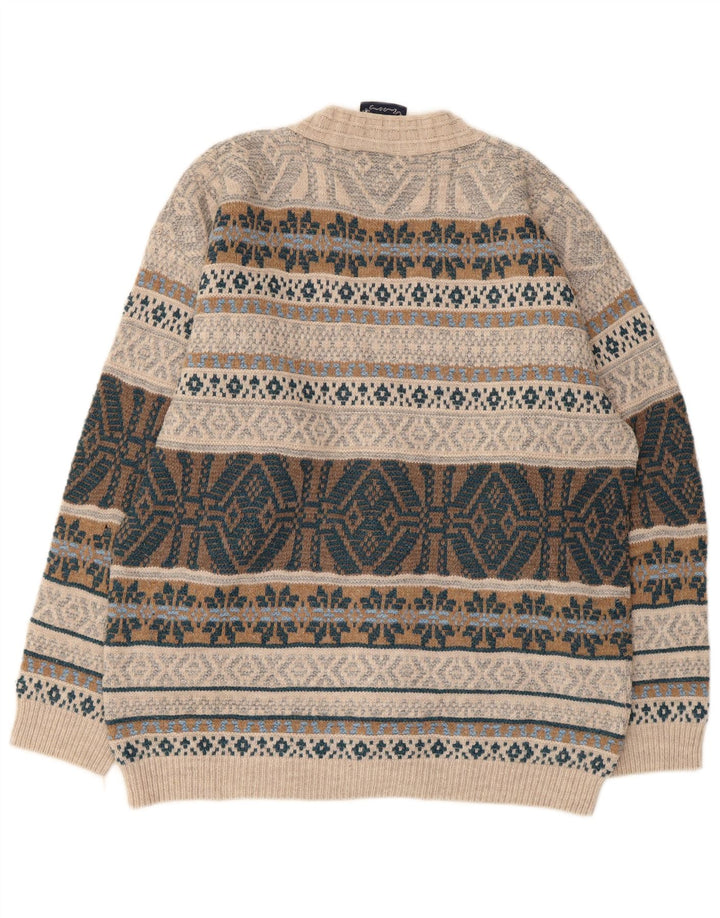 Suéter cardigã masculino North Pole grande bege lã Fair Isle