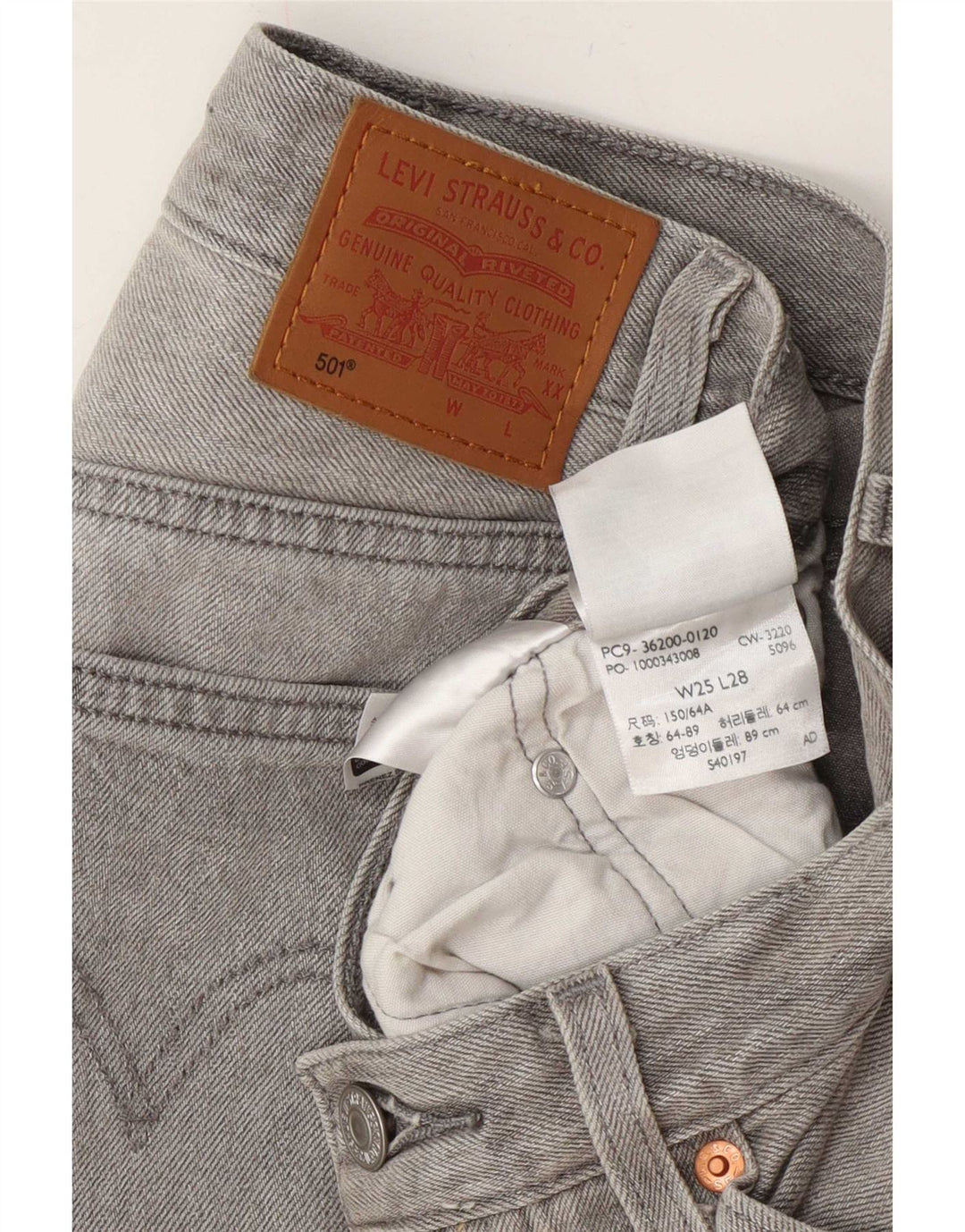 Calça jeans feminina Levi's 501 Straight W25 L28 algodão cinza