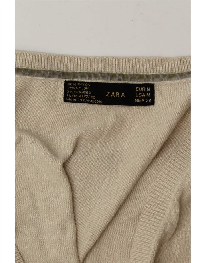 Suéter feminino Zara com decote em V Reino Unido 14 médio bege rayon