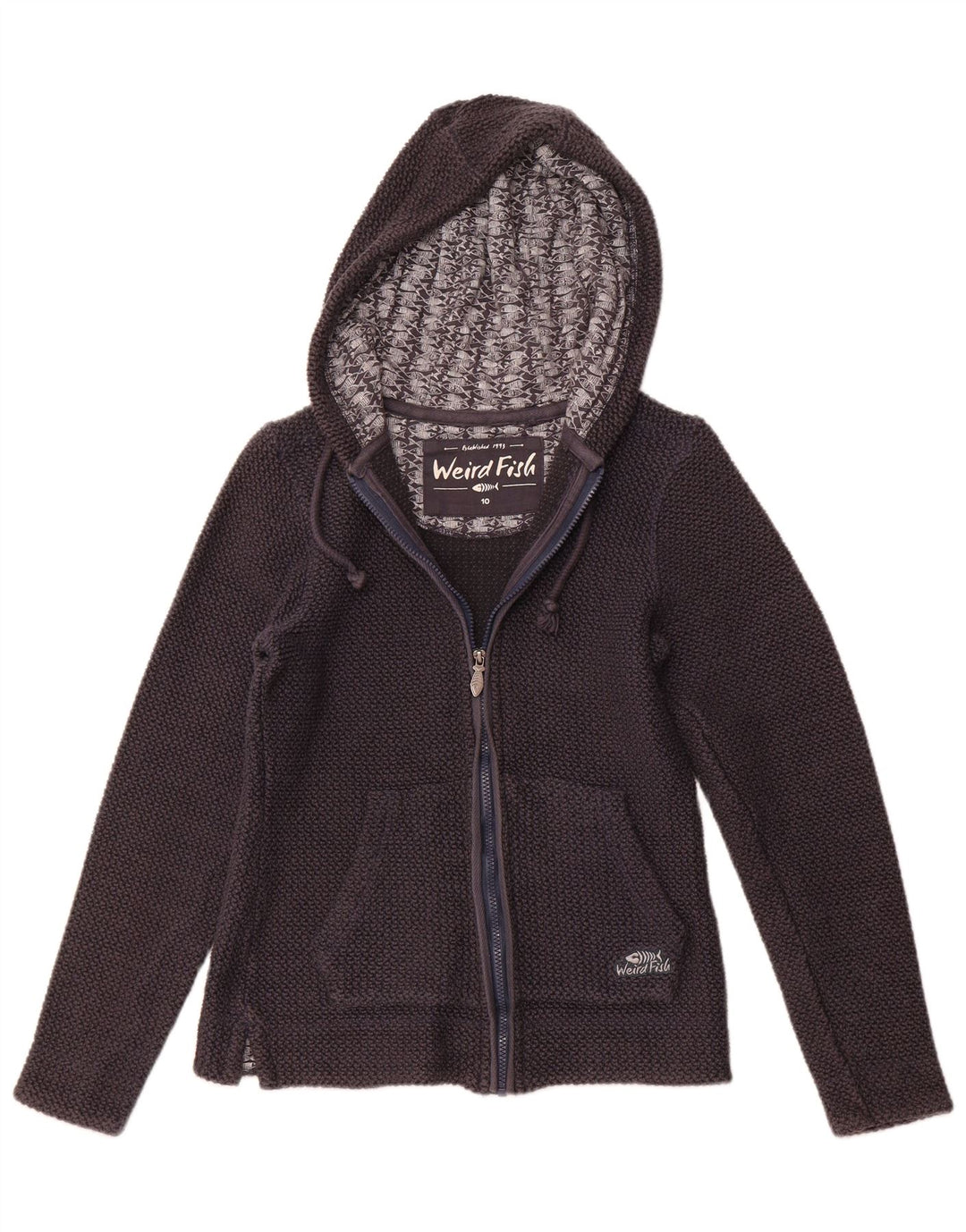 Suéter feminino com capuz e zíper WEIRD FISH Reino Unido 10 pequeno algodão azul marinho