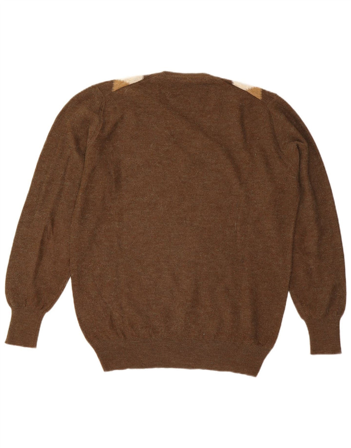 Suéter masculino vintage com decote em V grande marrom Argyle/Diamante