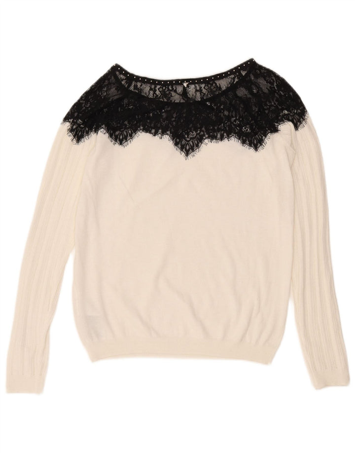 Suéter feminino Guess com gola canoa UK 12 bloco colorido branco médio