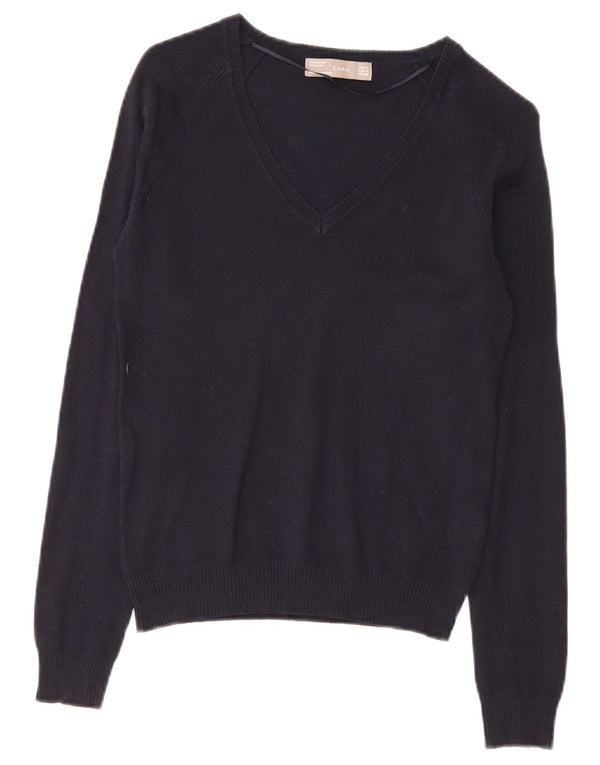 Suéter feminino Zara com decote em V Reino Unido 12 algodão azul marinho médio