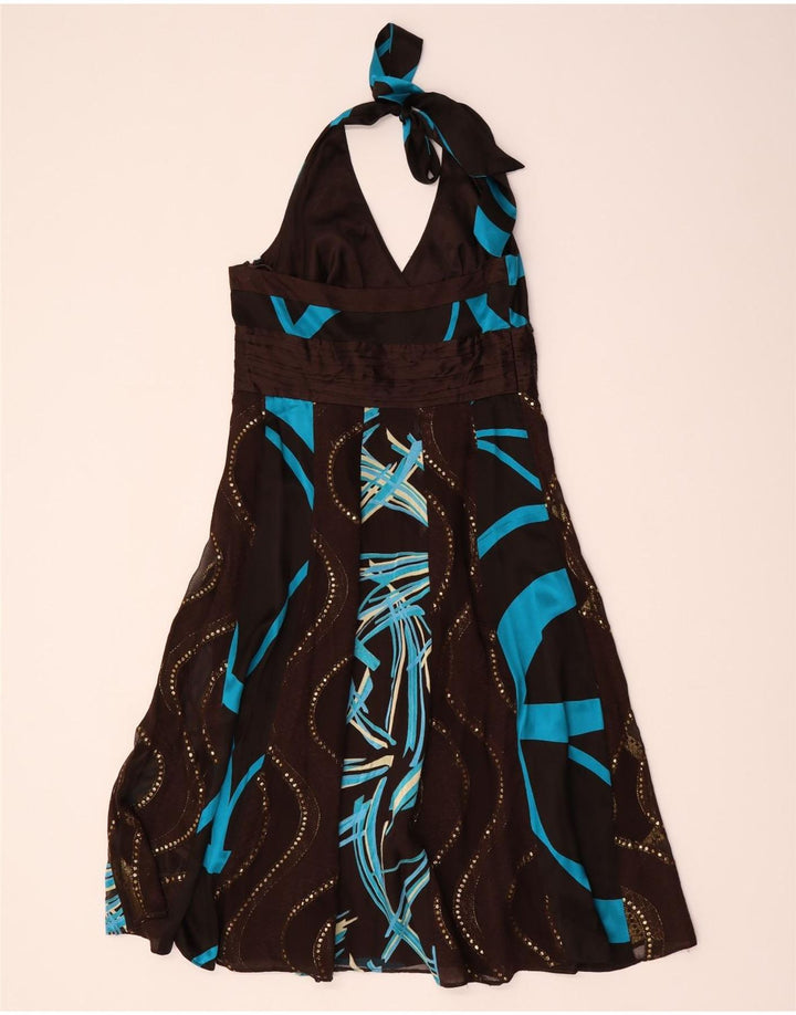 Monsoon Vestido feminino com estampa abstrata frente única Reino Unido 12 Seda marrom médio