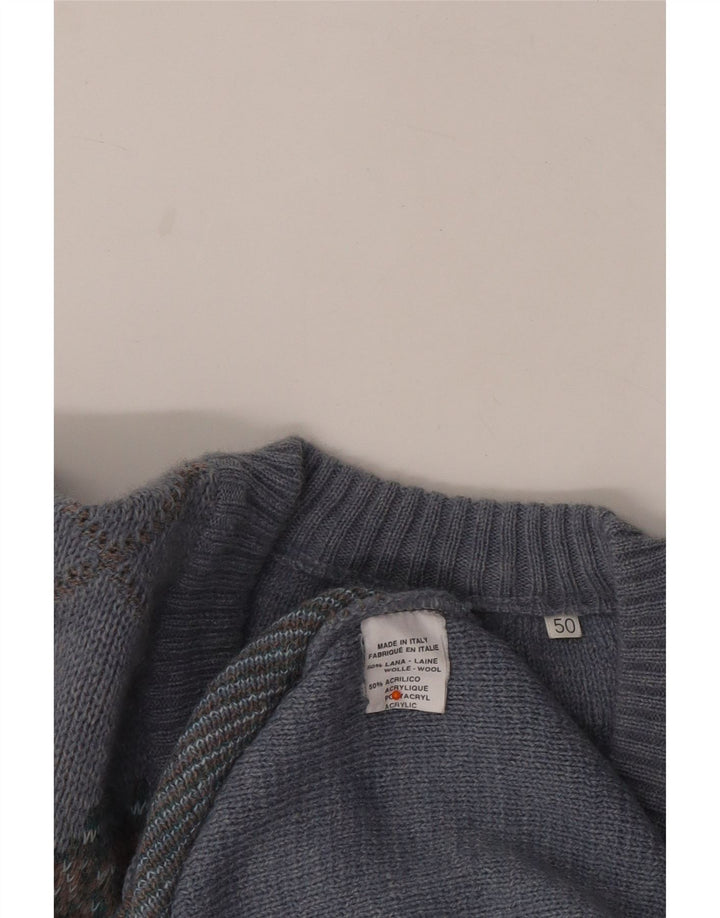 Suéter masculino VINTAGE com decote em V IT 50 azul médio Argyle/lã diamante