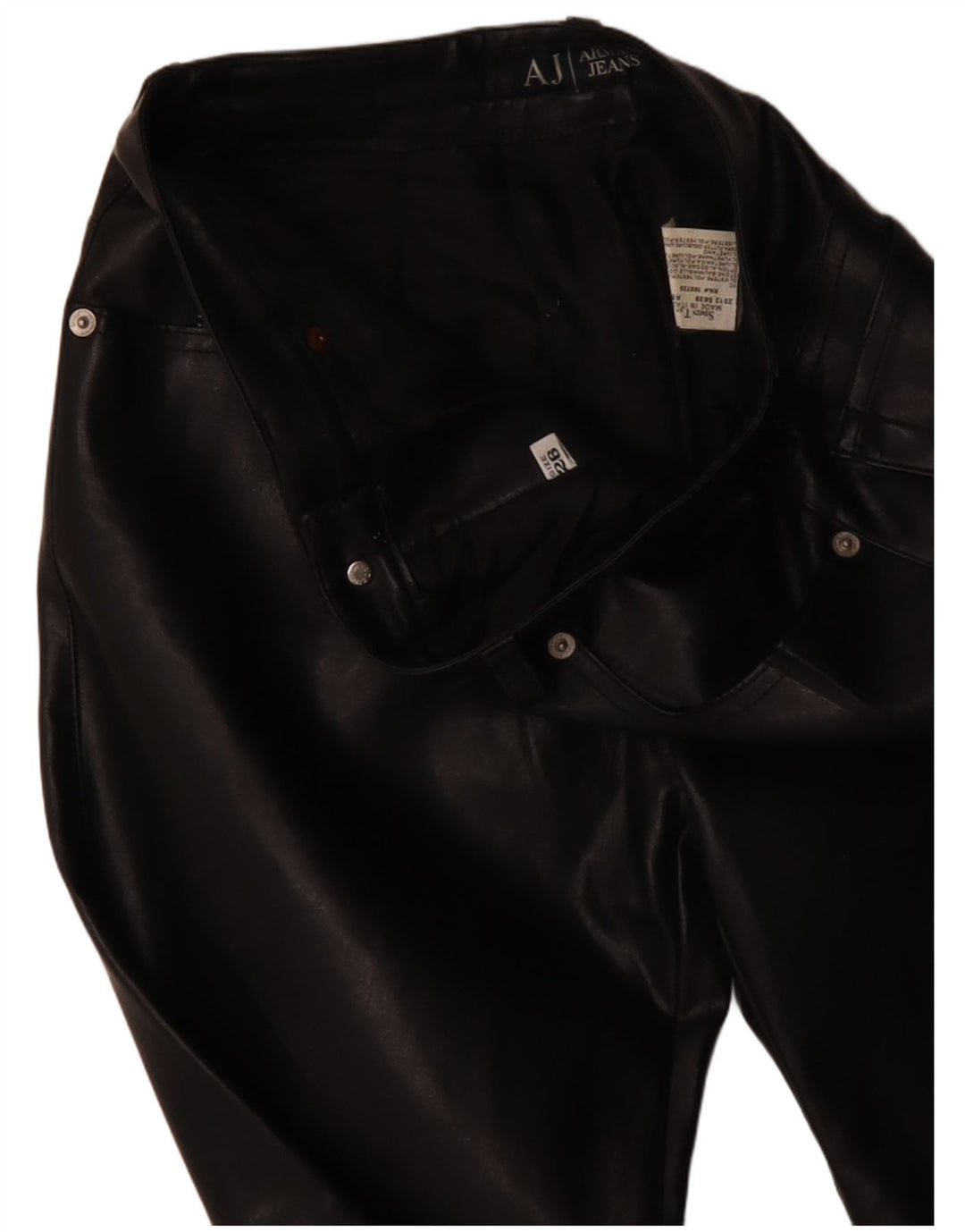 Calça feminina reta de couro sintético ARMANI W26 L31 poliéster preto