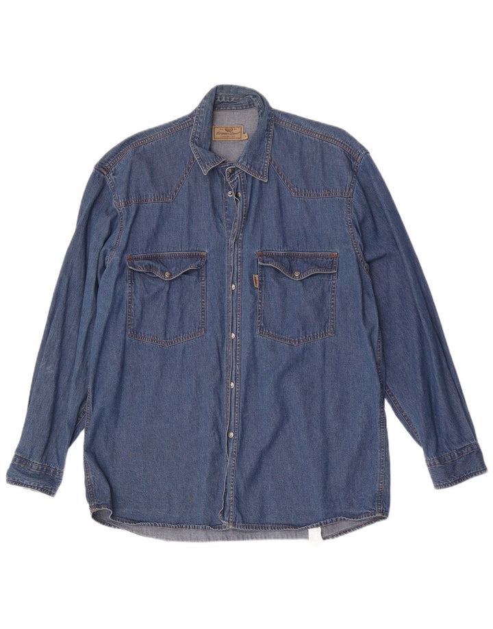 Camisa jeans masculina do projeto europeu algodão azul médio
