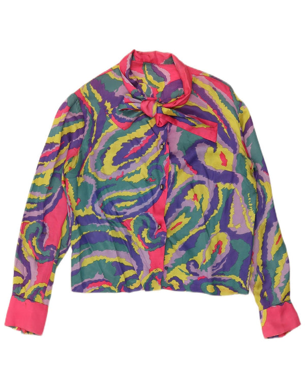 Blusa feminina VINTAGE com gravata frontal Reino Unido 14 grande paisley multicolorida