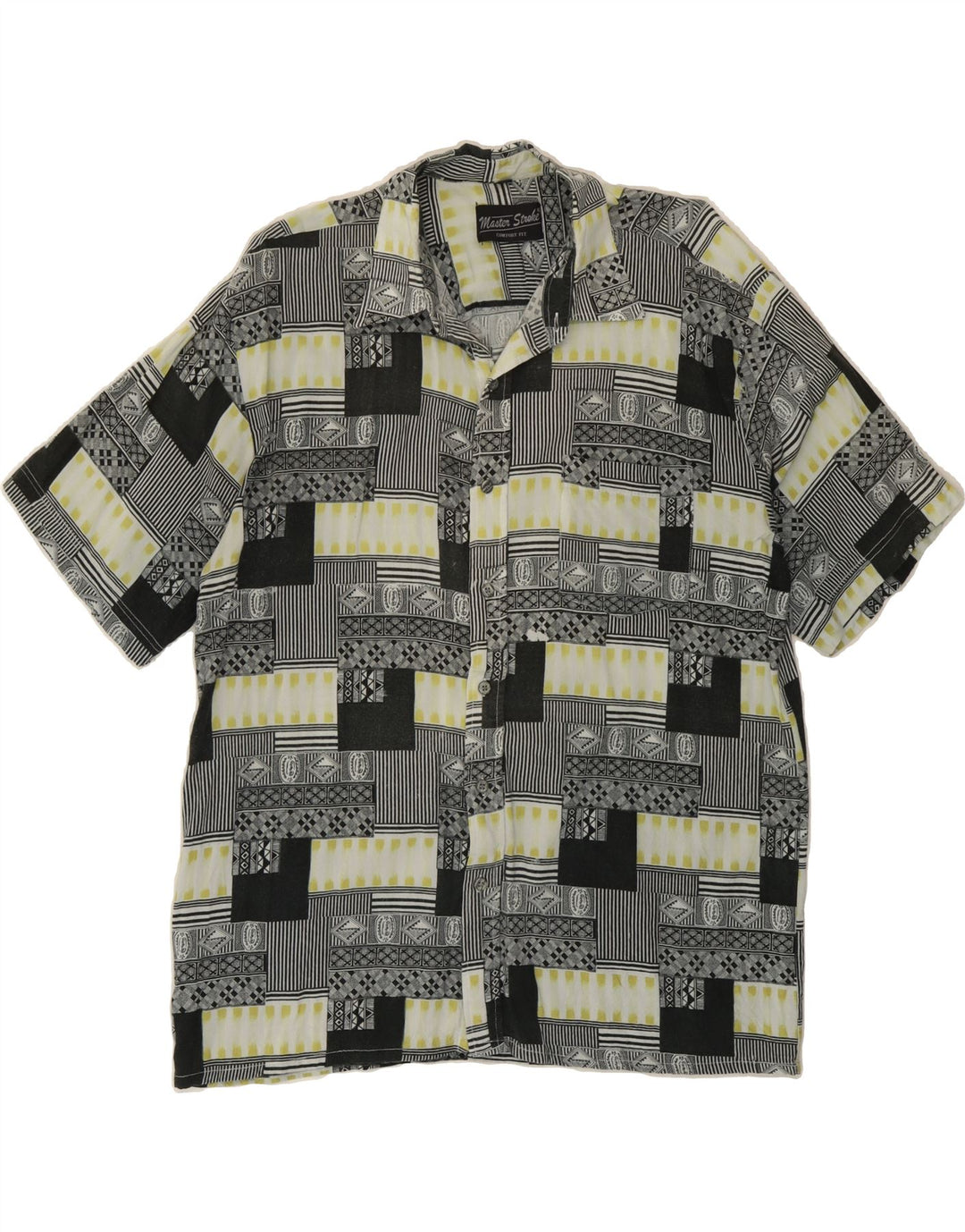 VINTAGE Mens Comfort Fit Short Sleeve Shirt Large Grey Patchwork Vintage Vintage and Second-Hand Vintage from Messina Hembry 