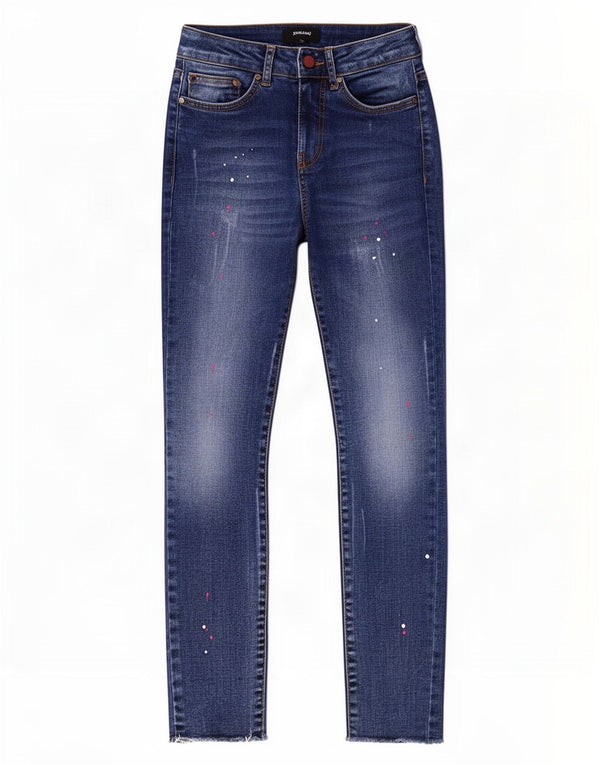 Jeans slim feminino Desigual W26 L25 algodão manchado azul