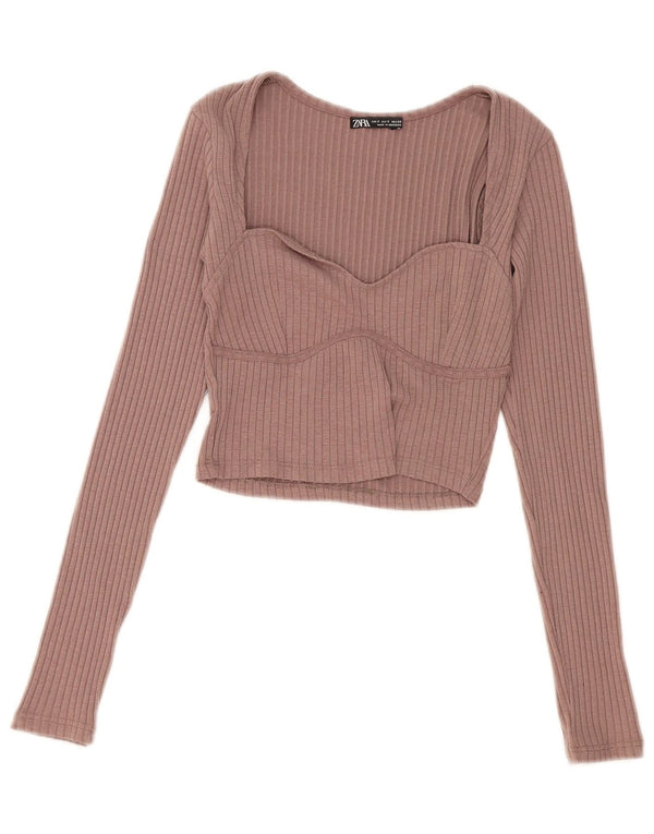 Zara Crop Top Feminino Manga Longa Reino Unido 8 Pequeno Poliéster Rosa
