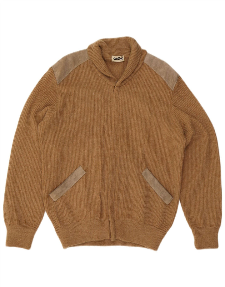 Suéter cardigã masculino vintage médio bege colorblock acrílico