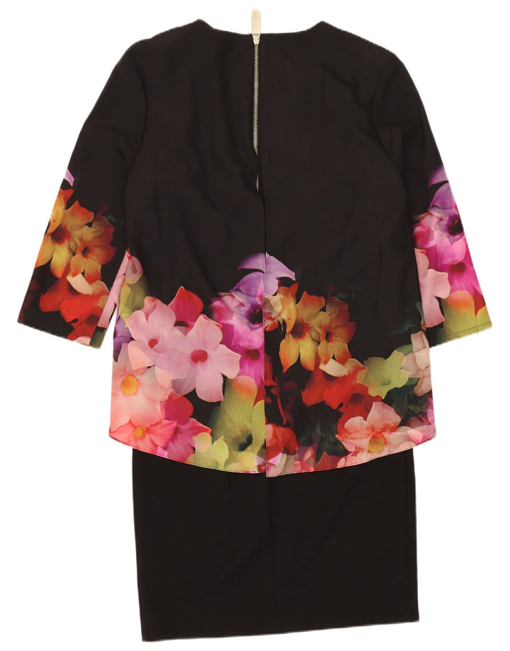 Vestido feminino Ted Baker manga 3/4 Peplum tamanho 1 XS preto floral poliéster