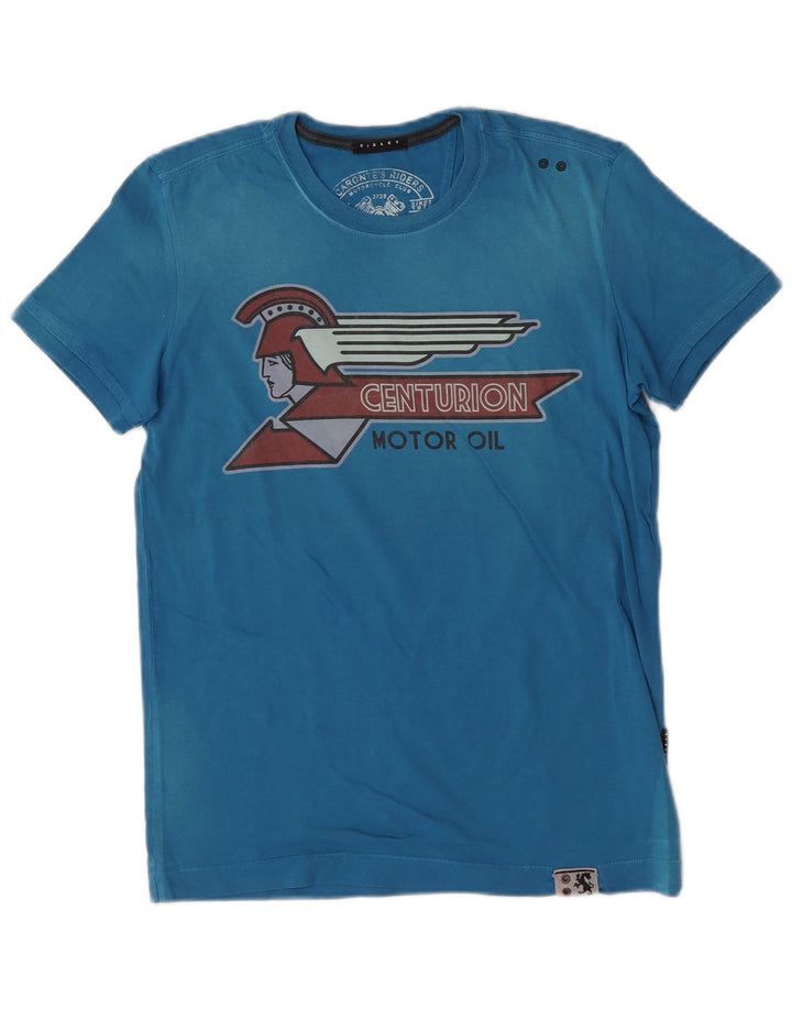 Sisley Camiseta masculina gráfica top pequeno algodão azul