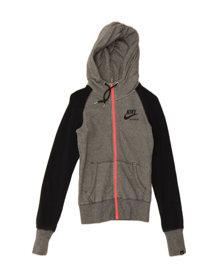 NIKE Womens Zip Hoodie Sweater UK 6 XS Grey Colourblock Cotton Vintage Nike and Second-Hand Nike from Messina Hembry 