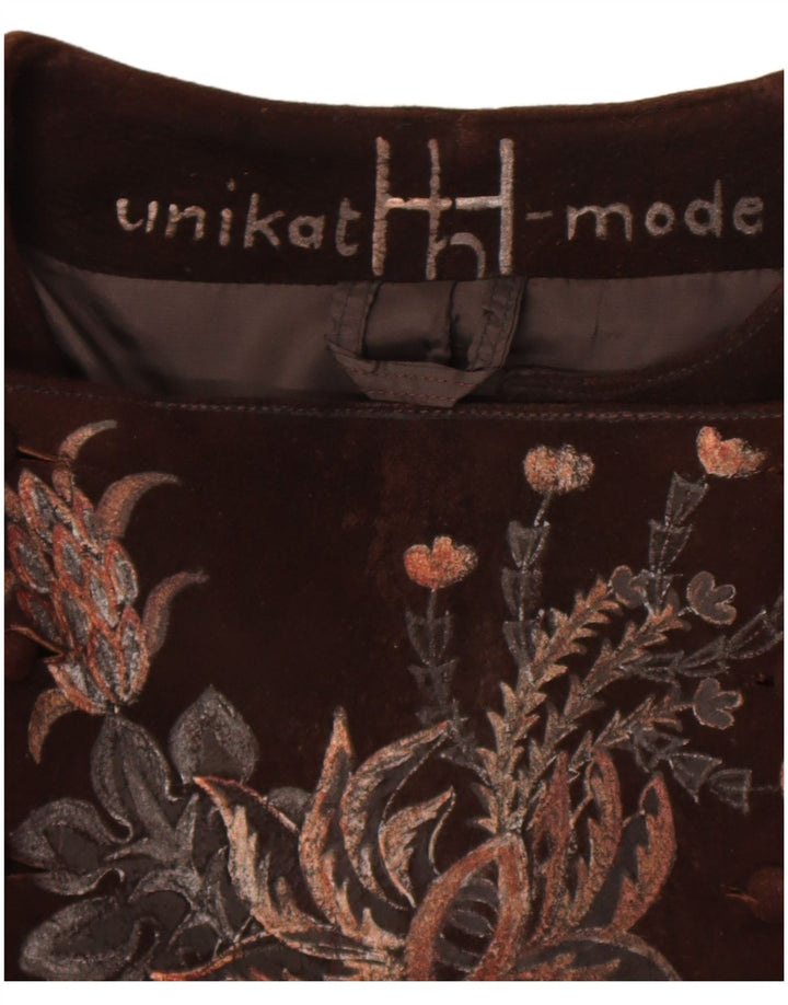 Jaqueta feminina vintage de camurça UK 14 marrom médio floral