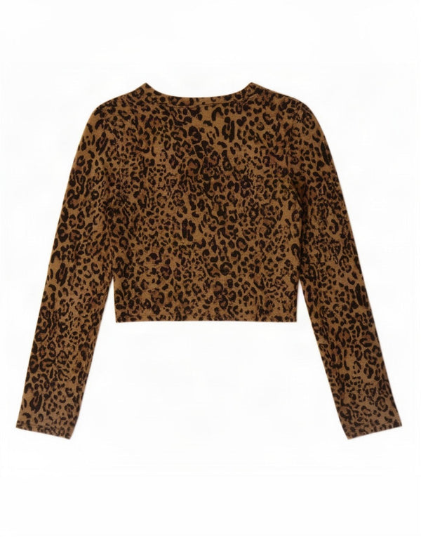 Zara Womens Trafaluc Crop Top Manga Longa Reino Unido 8 Pequeno Marrom Estampa Animal