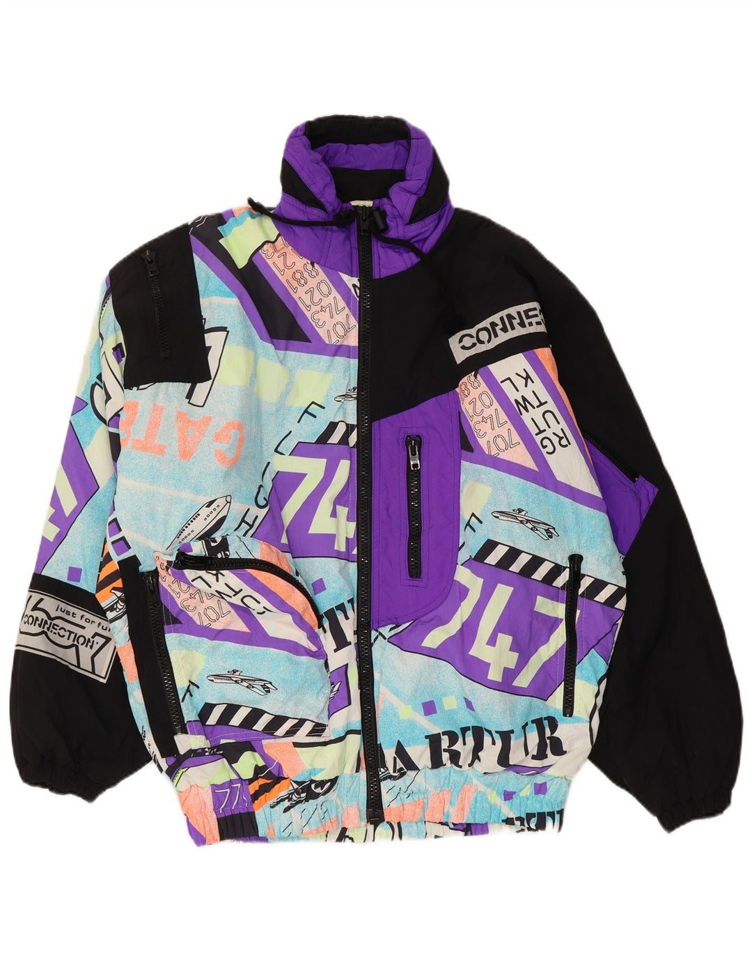 Jaqueta de esqui com capuz gráfico masculino vintage UK 40 grande poliamida multicolorida