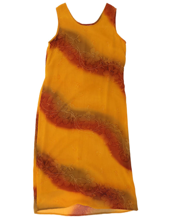 Vestido feminino vintage sem mangas UK 12 poliéster floral amarelo médio
