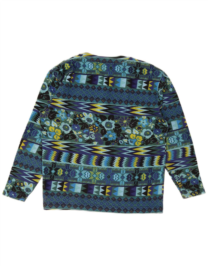 Top feminino vintage de manga comprida Reino Unido 14 algodão geométrico azul médio