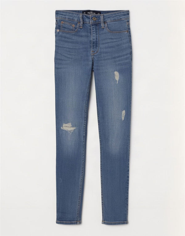 Calça jeans skinny feminina Hollister com cintura alta desgastada US 0 XS W24 L25 azul