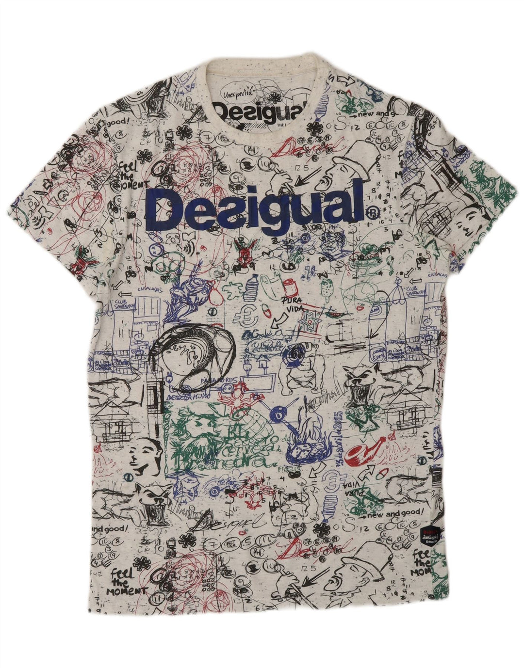 DESIGUAL Camiseta masculina com padrão abstrato gráfico top médio algodão branco