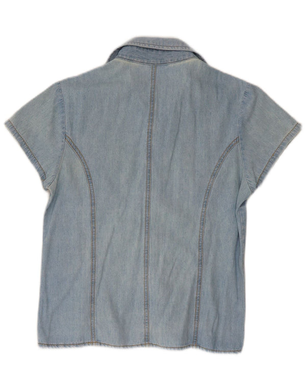 Camisa jeans feminina vintage de manga curta UK 10 pequena azul