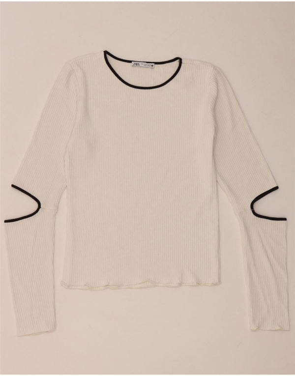 Top feminino Zara de manga comprida UK 12 viscose branca média