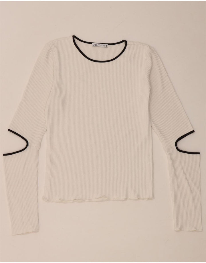 Top feminino Zara de manga comprida UK 12 viscose branca média